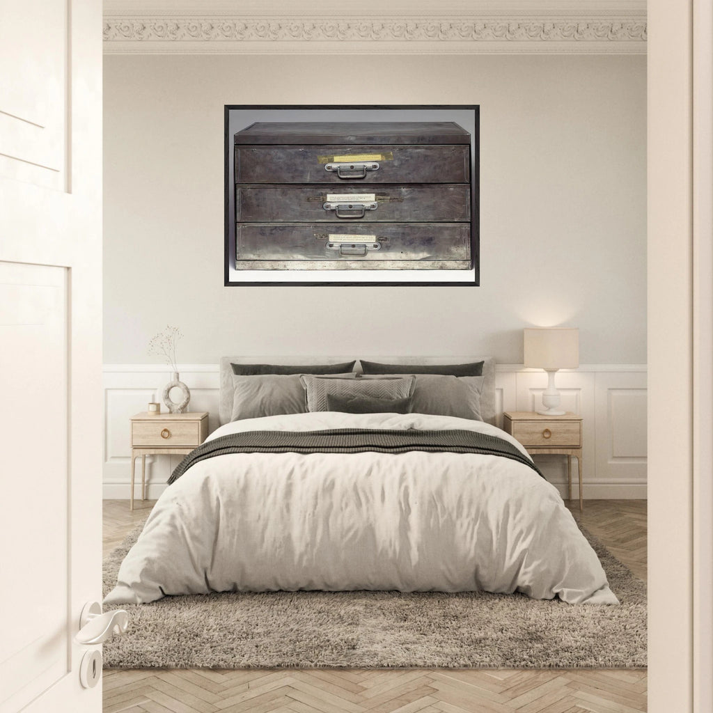 ATTEMPT AT RECREATION THREE DRAWERS 1971 - Christian Boltanski Framed Art Print - 70x100 cm / 28x40 inches | Christian Boltanski Framed Poster | Christian Boltanski Framed prints