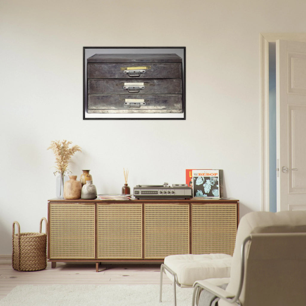 ATTEMPT AT RECREATION THREE DRAWERS 1971 - Christian Boltanski Framed Art Print - 70x100 cm / 28x40 inches | Christian Boltanski Framed Poster | Christian Boltanski Framed prints