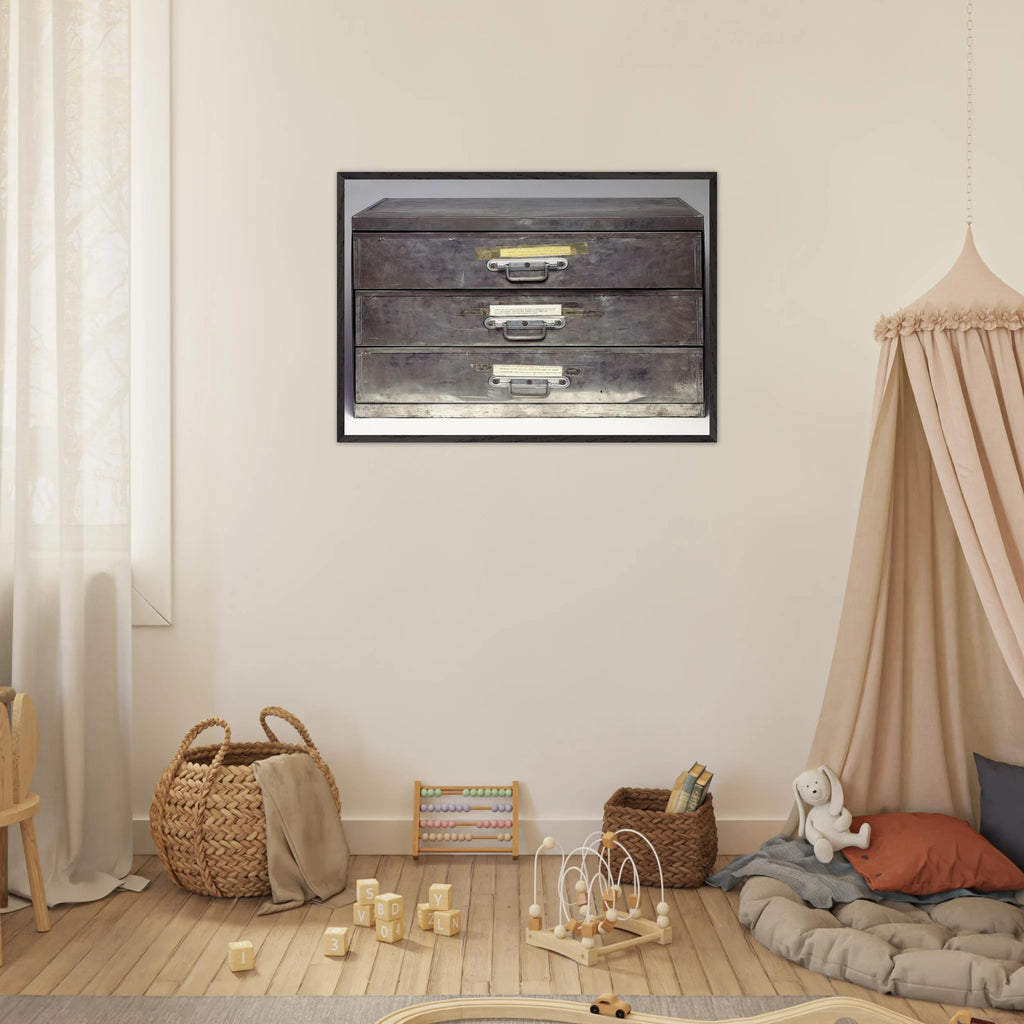 ATTEMPT AT RECREATION THREE DRAWERS 1971 - Christian Boltanski Framed Art Print - 70x100 cm / 28x40 inches | Christian Boltanski Framed Poster | Christian Boltanski Framed prints