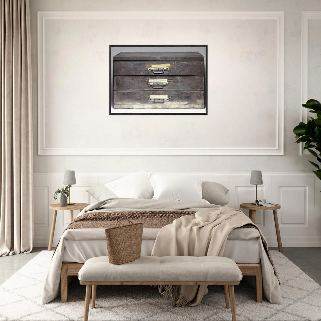 ATTEMPT AT RECREATION THREE DRAWERS 1971 - Christian Boltanski Framed Art Print - 70x100 cm / 28x40 inches | Christian Boltanski Framed Poster | Christian Boltanski Framed prints